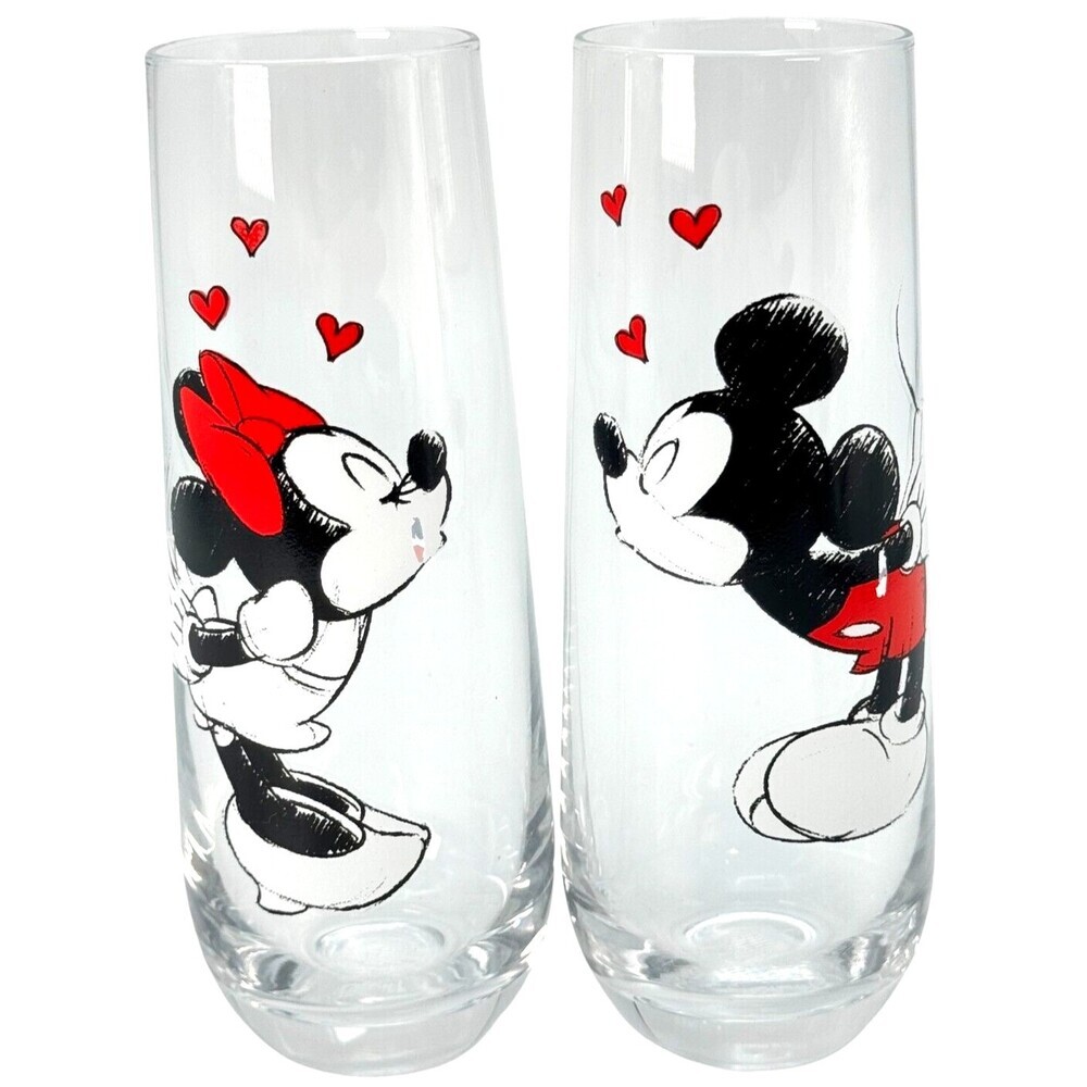 Disney Mickey & Minnie Kissing Hearts 2 Stemless Flute Glasses Clear Champagne